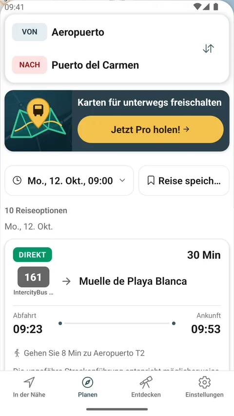 Planen-Bildschirm der Android-App: eine Fahrt vom Aeropuerto nach Puerto del Carmen mit einer direkten Option der Linie 161.