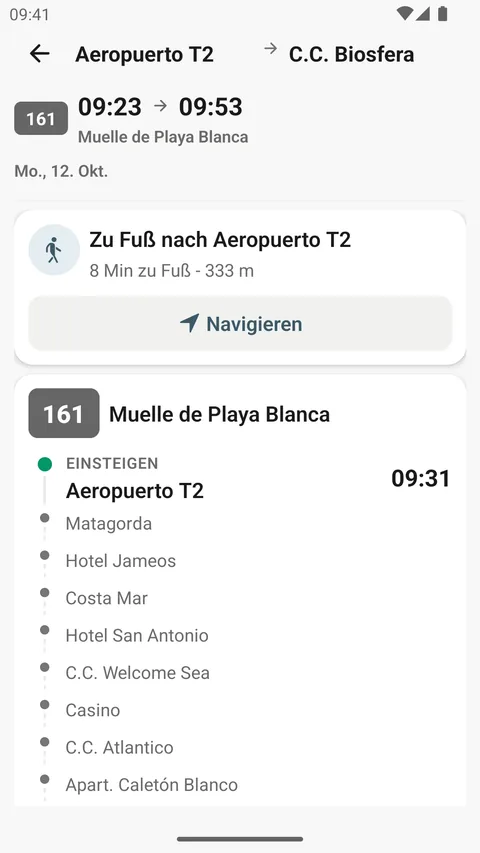 Fahrtdetails in der Android-App: ein kurzer Fußweg zum Aeropuerto T2, dann die Linie 161 Richtung Muelle de Playa Blanca, mit den Zwischenhalten.