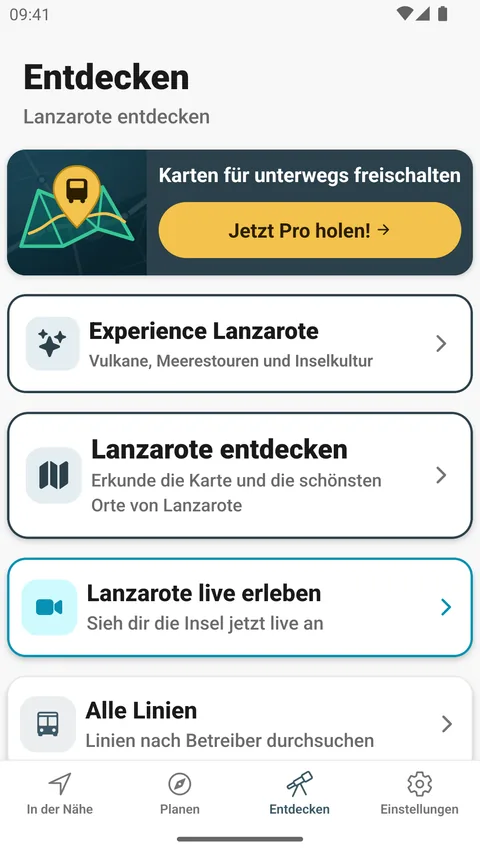 Tab „Entdecken“ der Android-App, Lanzarote entdecken: Experience Lanzarote, die Karte Lanzarote entdecken, Lanzarote live erleben und Alle Linien.