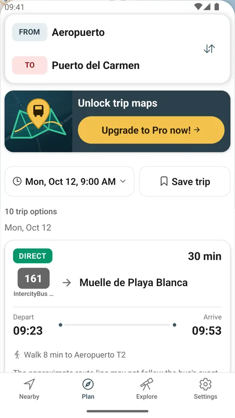 Plan screen of the Android app: a trip from Aeropuerto to Puerto del Carmen with a direct line 161 option.