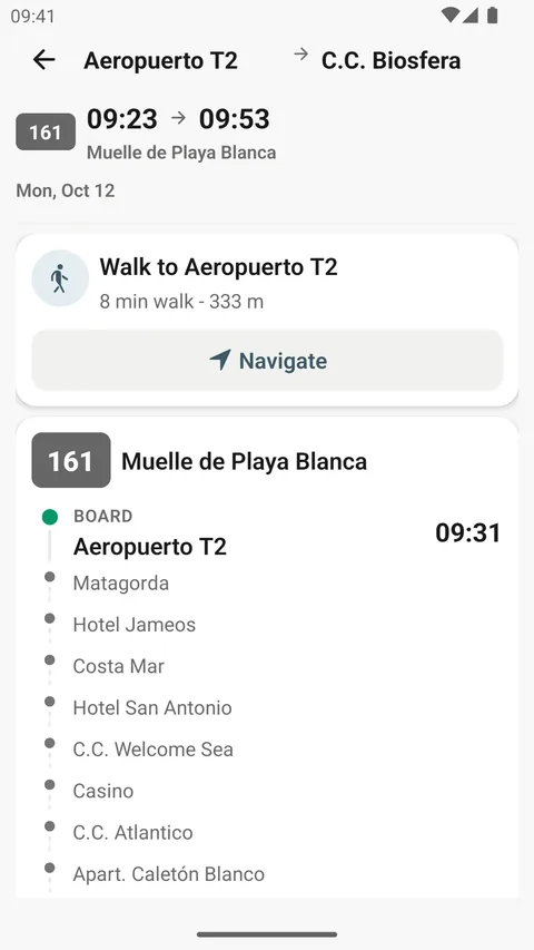 Journey detail in the Android app: a short walk to Aeropuerto T2, then line 161 towards Muelle de Playa Blanca with its intermediate stops listed.