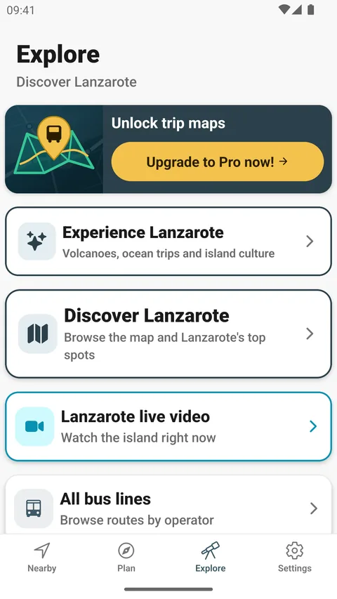 Explore tab of the Android app, Discover Lanzarote: Experience Lanzarote, the Discover Lanzarote map, live video and All bus lines.
