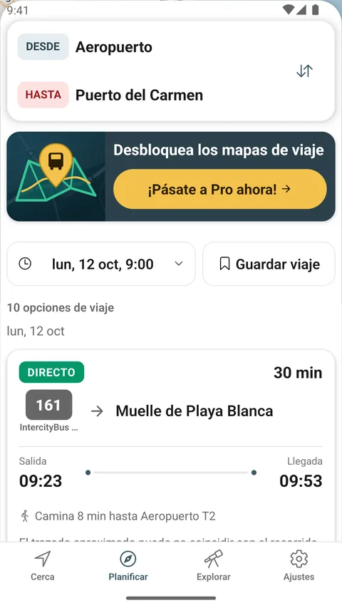 Pantalla Planificar de la app de Android: un trayecto del Aeropuerto a Puerto del Carmen con una opción directa de la línea 161.