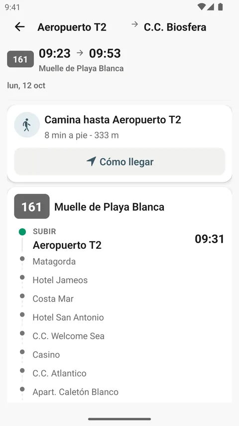 Detalle del trayecto en la app de Android: un paseo corto hasta Aeropuerto T2 y después la línea 161 hacia Muelle de Playa Blanca, con las paradas intermedias.